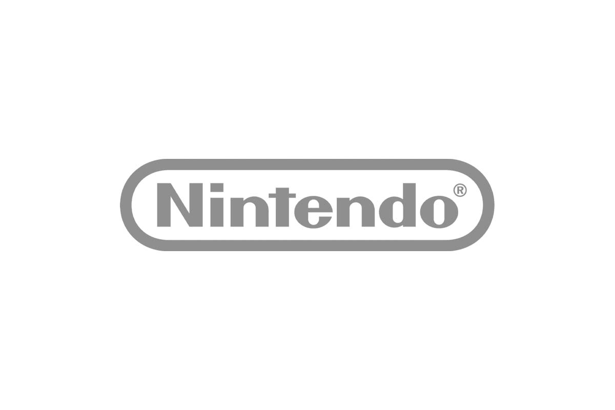 Logo màu xám của Nintendo nổi bật với phông chữ vàng tươi tắn