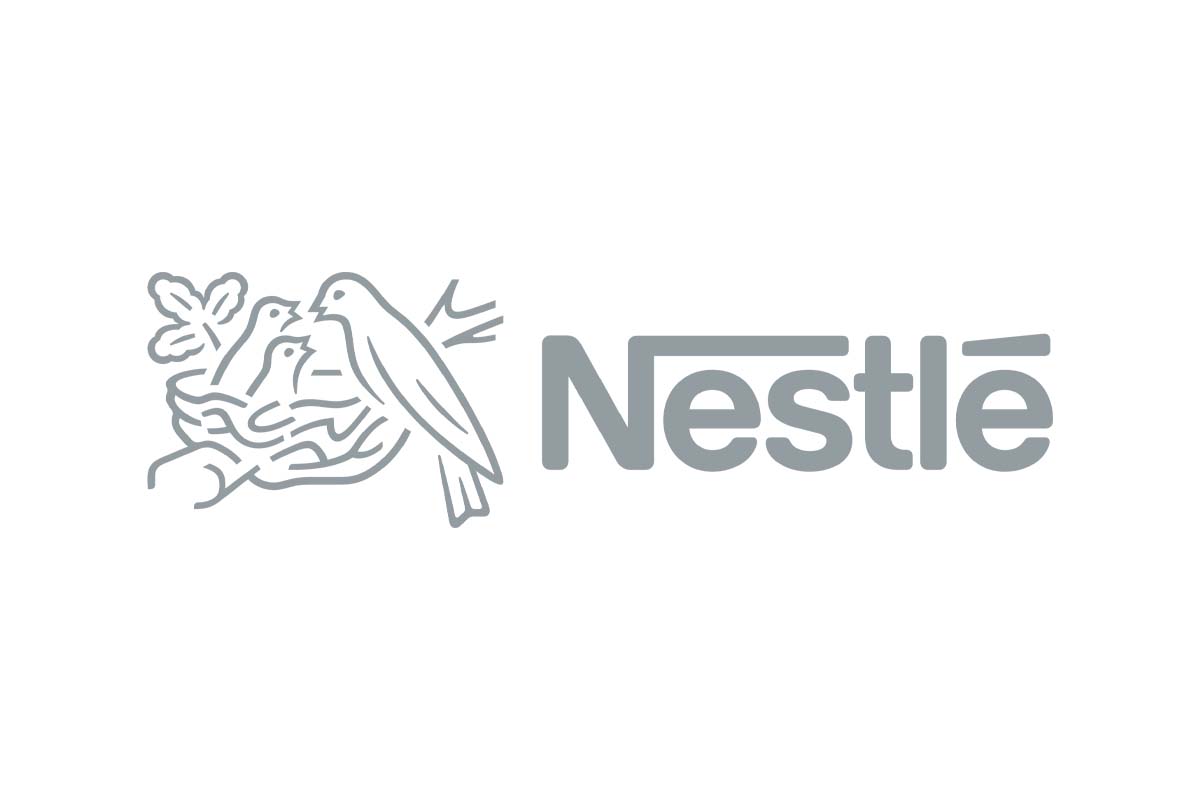 Logo màu xám Nestle được kết hợp với nhiều hình ảnh minh họa đặc trưng của hãng