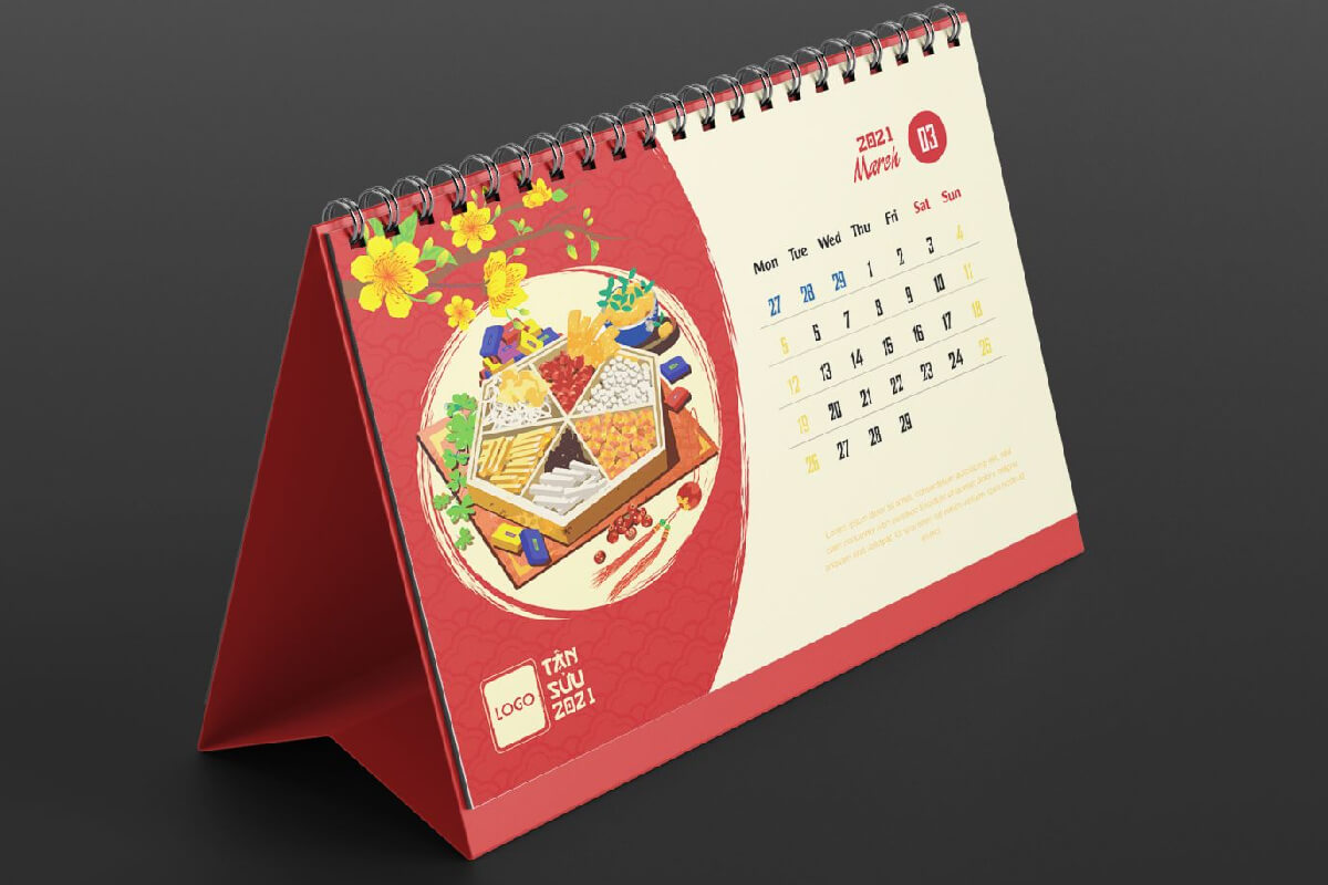 Thiết kế lịch để bàn năm mới với tone nền chủ đạo màu đỏ